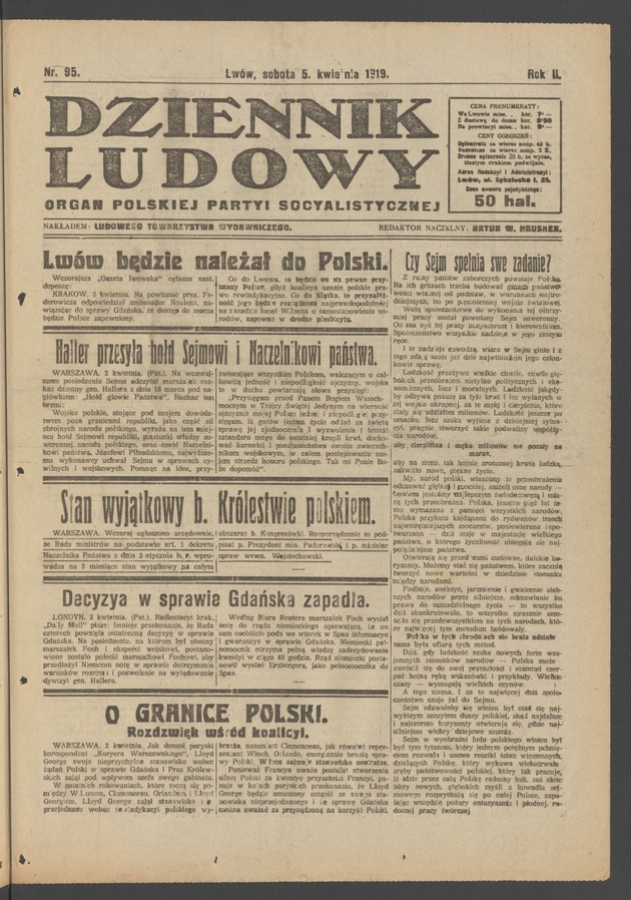 Dziennik Ludowy : organ Polskiej Partyi Socyalistycznej. Rok 2, 1919, numer 95