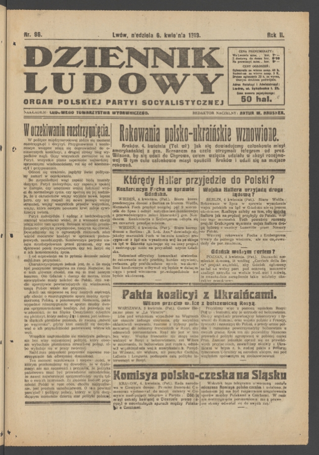 Dziennik Ludowy&nbsp;: organ Polskiej Partyi Socyalistycznej. Rok&nbsp;2, 1919, numer&nbsp;96