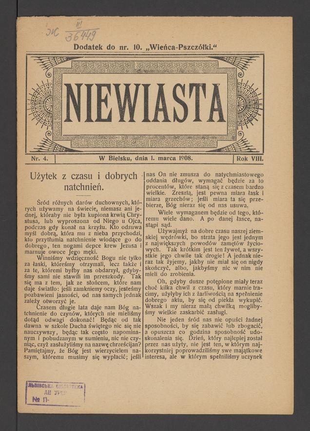 Niewiasta : dodatek do&nbsp;numeru&nbsp;10 &bdquo;Wieńca-Pszcz&oacute;łki&rdquo;. Rok&nbsp;8, 1908, numer&nbsp;4