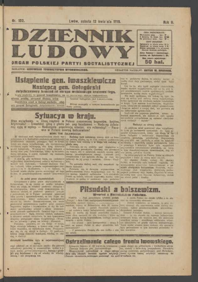 Dziennik Ludowy&nbsp;: organ Polskiej Partyi Socyalistycznej. Rok&nbsp;2, 1919, numer&nbsp;102