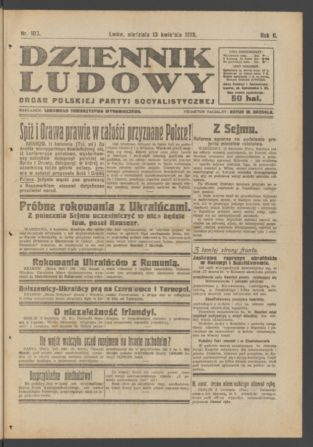 Dziennik Ludowy&nbsp;: organ Polskiej Partyi Socyalistycznej. Rok&nbsp;2, 1919, numer&nbsp;103