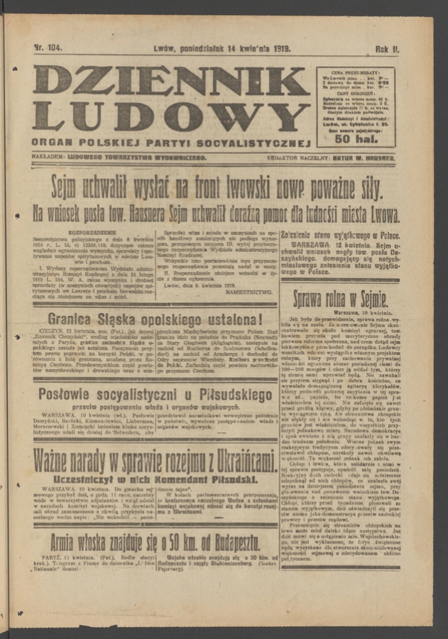Dziennik Ludowy&nbsp;: organ Polskiej Partyi Socyalistycznej. Rok&nbsp;2, 1919, numer&nbsp;104