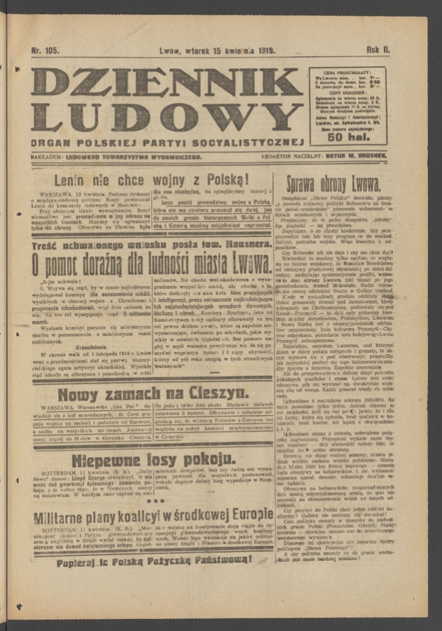 Dziennik Ludowy : organ Polskiej Partyi Socyalistycznej. Rok 2, 1919, numer 105