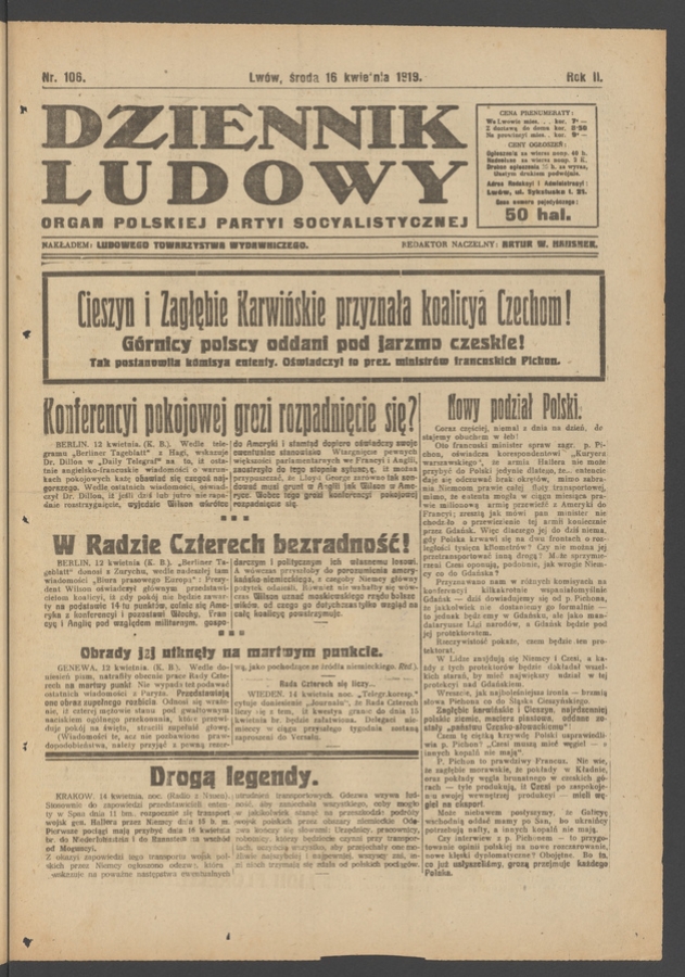 Dziennik Ludowy&nbsp;: organ Polskiej Partyi Socyalistycznej. Rok&nbsp;2, 1919, numer&nbsp;106