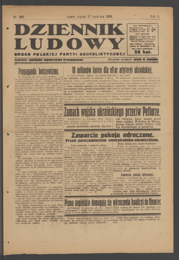 Dziennik Ludowy&nbsp;: organ Polskiej Partyi Socyalistycznej. Rok&nbsp;2, 1919, numer&nbsp;108