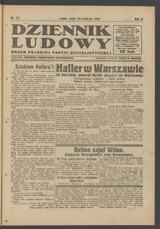 Dziennik Ludowy&nbsp;: organ Polskiej Partyi Socyalistycznej. Rok&nbsp;2, 1919, numer&nbsp;111
