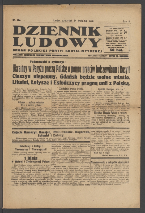 Dziennik Ludowy : organ Polskiej Partyi Socyalistycznej. Rok 2, 1919, numer 112
