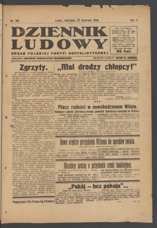 Dziennik Ludowy&nbsp;: organ Polskiej Partyi Socyalistycznej. Rok&nbsp;2, 1919, numer&nbsp;115