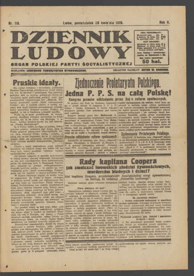 Dziennik Ludowy&nbsp;: organ Polskiej Partyi Socyalistycznej. Rok&nbsp;2, 1919, numer&nbsp;116