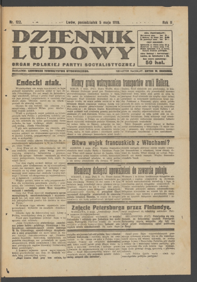 Dziennik Ludowy&nbsp;: organ Polskiej Partyi Socyalistycznej. Rok&nbsp;2, 1919, numer&nbsp;122