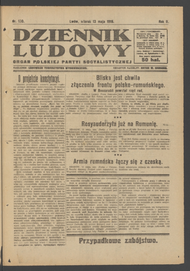 Dziennik Ludowy : organ Polskiej Partyi Socyalistycznej. Rok 2, 1919, numer 130