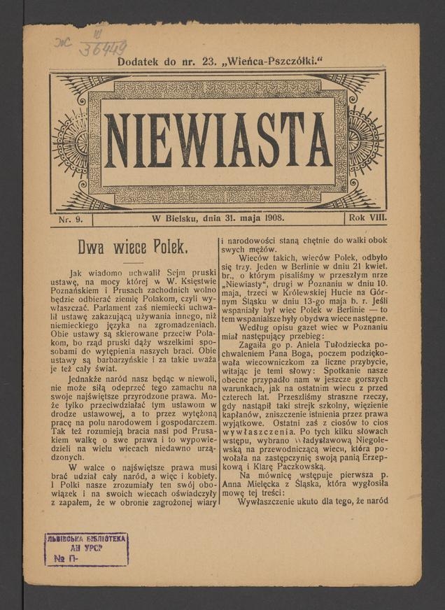 Niewiasta : dodatek do&nbsp;numeru&nbsp;23 &bdquo;Wieńca-Pszcz&oacute;łki&rdquo;. Rok&nbsp;8, 1908, numer&nbsp;9