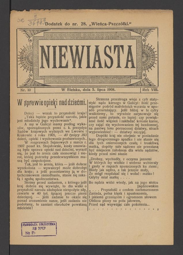 Niewiasta : dodatek do&nbsp;numeru&nbsp;28 &bdquo;Wieńca-Pszcz&oacute;łki&rdquo;. Rok&nbsp;8, 1908, numer&nbsp;10