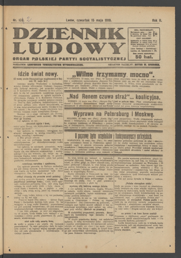 Dziennik Ludowy&nbsp;: organ Polskiej Partyi Socyalistycznej. Rok&nbsp;2, 1919, numer&nbsp;132
