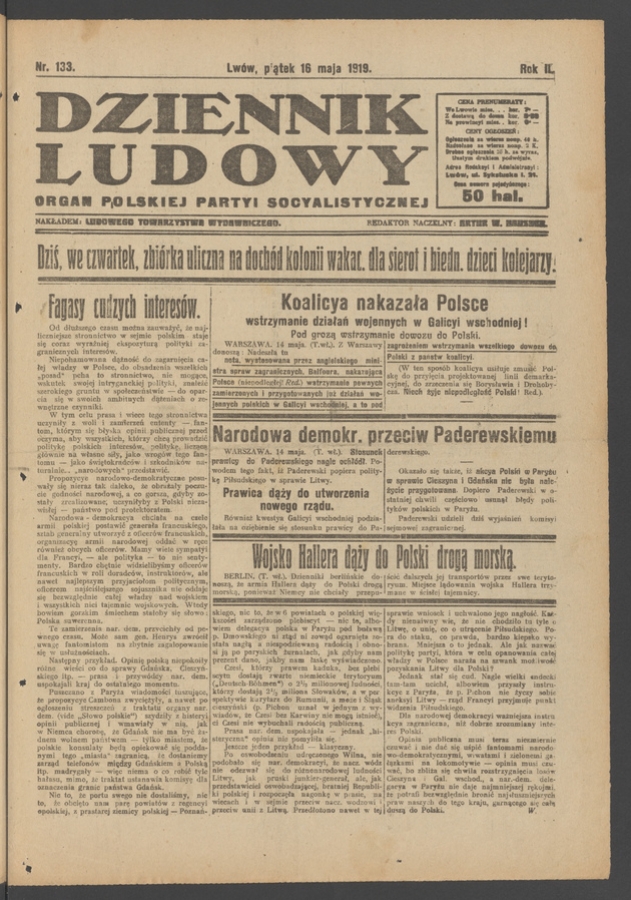 Dziennik Ludowy&nbsp;: organ Polskiej Partyi Socyalistycznej. Rok&nbsp;2, 1919, numer&nbsp;133