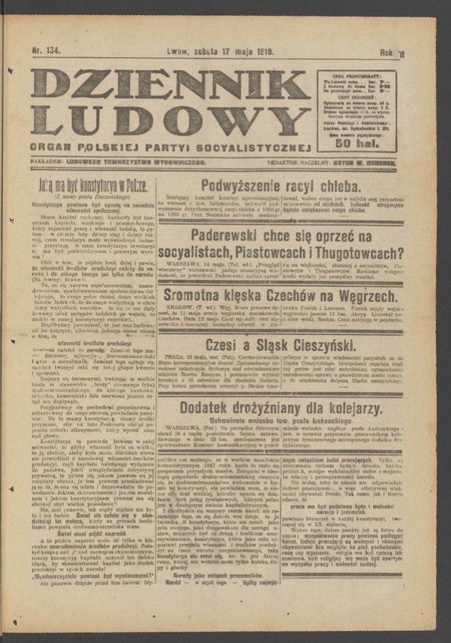 Dziennik Ludowy&nbsp;: organ Polskiej Partyi Socyalistycznej. Rok&nbsp;2, 1919, numer&nbsp;134