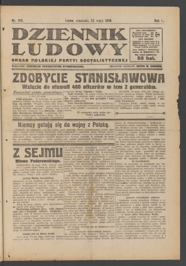 Dziennik Ludowy&nbsp;: organ Polskiej Partyi Socyalistycznej. Rok&nbsp;2, 1919, numer&nbsp;142