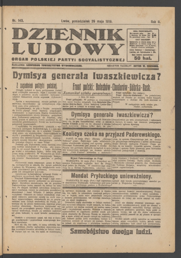 Dziennik Ludowy&nbsp;: organ Polskiej Partyi Socyalistycznej. Rok&nbsp;2, 1919, numer&nbsp;143