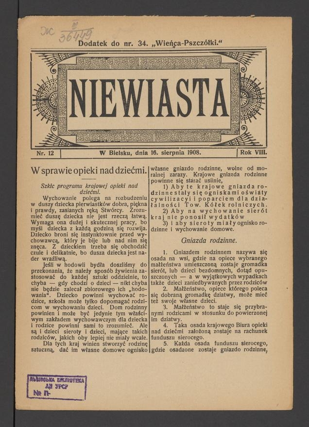 Niewiasta : dodatek do&nbsp;numeru&nbsp;34 &bdquo;Wieńca-Pszcz&oacute;łki&rdquo;. Rok&nbsp;8, 1908, numer&nbsp;12