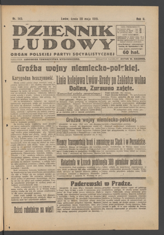 Dziennik Ludowy&nbsp;: organ Polskiej Partyi Socyalistycznej. Rok&nbsp;2, 1919, numer&nbsp;145