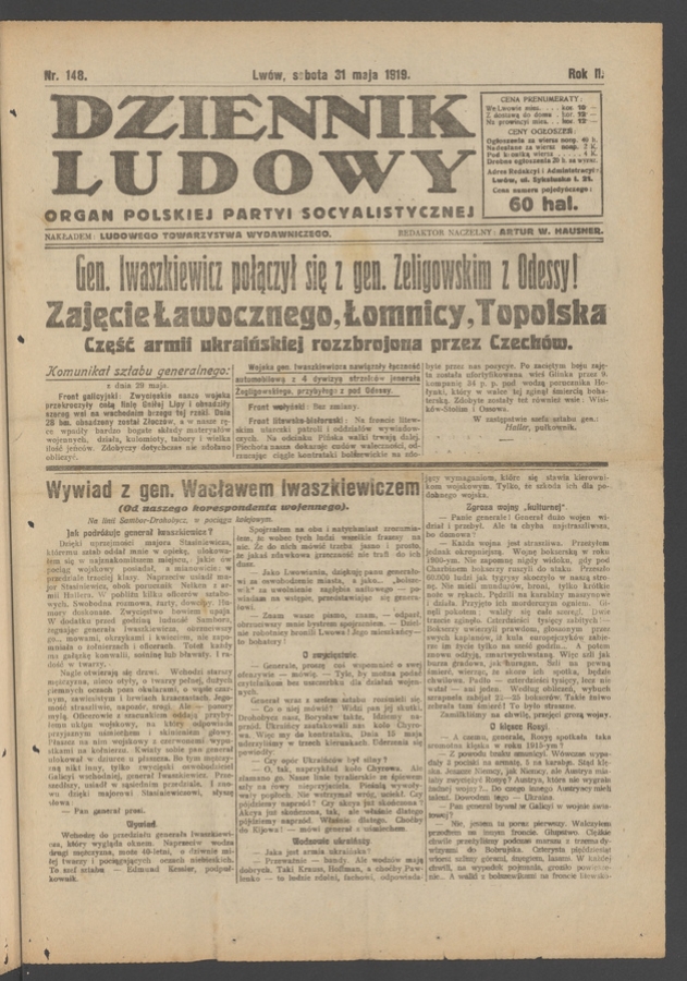Dziennik Ludowy&nbsp;: organ Polskiej Partyi Socyalistycznej. Rok&nbsp;2, 1919, numer&nbsp;148