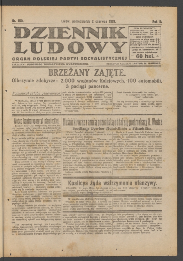 Dziennik Ludowy&nbsp;: organ Polskiej Partyi Socyalistycznej. Rok&nbsp;2, 1919, numer&nbsp;150