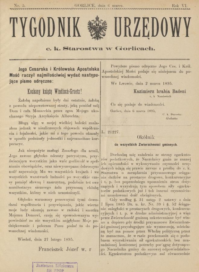 Tygodnik Urzędowy c.&nbsp;k. Starostwa w&nbsp;Gorlicach. Rok&nbsp;6, 1895, numer&nbsp;5