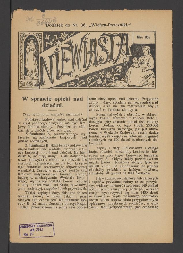 Niewiasta : dodatek do&nbsp;numeru&nbsp;36 &bdquo;Wieńca-Pszcz&oacute;łki&rdquo;. Rok&nbsp;8, 1908, numer&nbsp;13