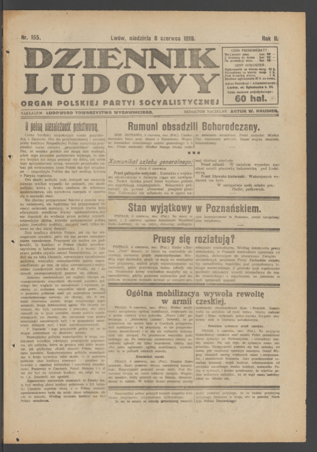 Dziennik Ludowy&nbsp;: organ Polskiej Partyi Socyalistycznej. Rok&nbsp;2, 1919, numer&nbsp;155