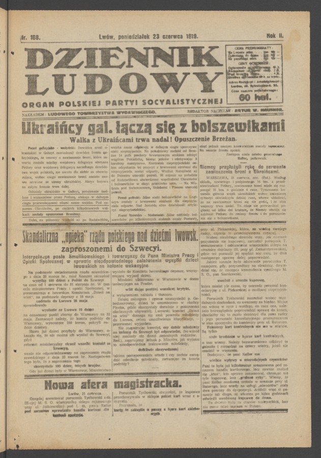 Dziennik Ludowy&nbsp;: organ Polskiej Partyi Socyalistycznej. Rok&nbsp;2, 1919, numer&nbsp;168