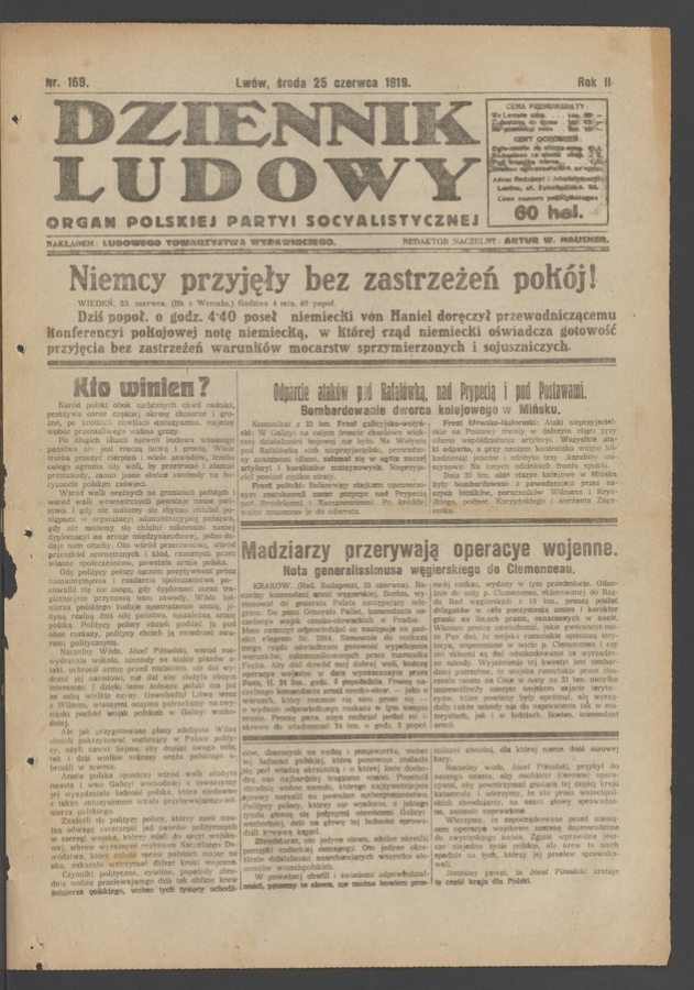 Dziennik Ludowy&nbsp;: organ Polskiej Partyi Socyalistycznej. Rok&nbsp;2, 1919, numer&nbsp;169