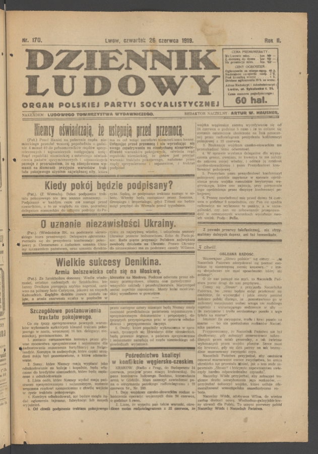 Dziennik Ludowy&nbsp;: organ Polskiej Partyi Socyalistycznej. Rok&nbsp;2, 1919, numer&nbsp;170