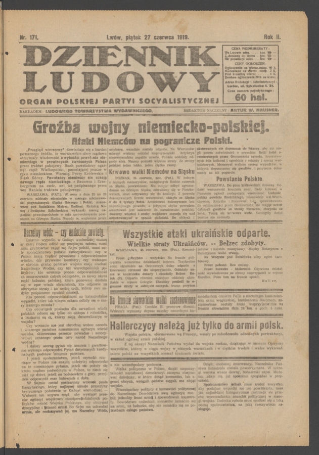 Dziennik Ludowy&nbsp;: organ Polskiej Partyi Socyalistycznej. Rok&nbsp;2, 1919, numer&nbsp;171
