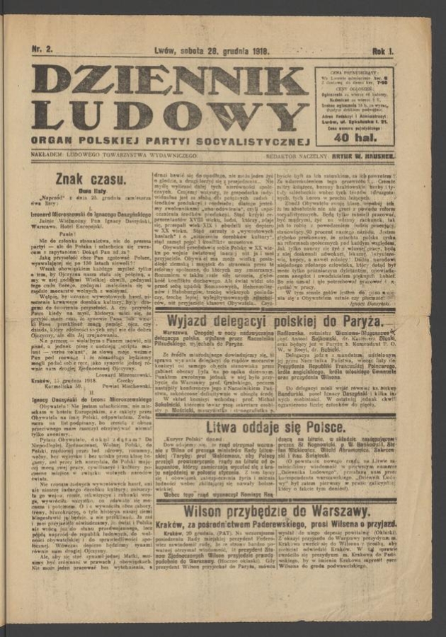 Dziennik Ludowy&nbsp;: organ Polskiej Partyi Socyalistycznej. Rok&nbsp;1, 1918, numer&nbsp;2