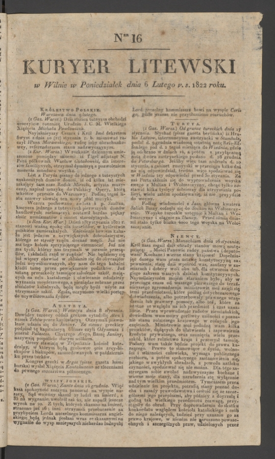 Kuryer Litewski. 1822, numer&nbsp;16