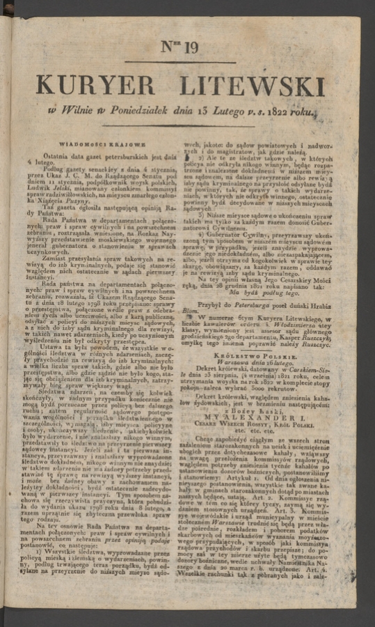 Kuryer Litewski. 1822, numer&nbsp;19