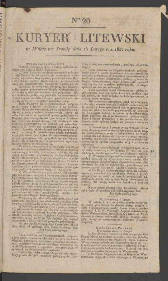 Kuryer Litewski. 1822, numer&nbsp;20