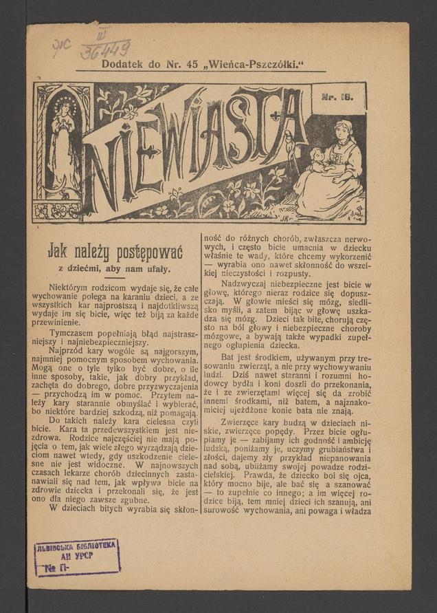Niewiasta : dodatek do&nbsp;numeru&nbsp;45 &bdquo;Wieńca-Pszcz&oacute;łki&rdquo;. Rok&nbsp;8, 1908, numer&nbsp;18
