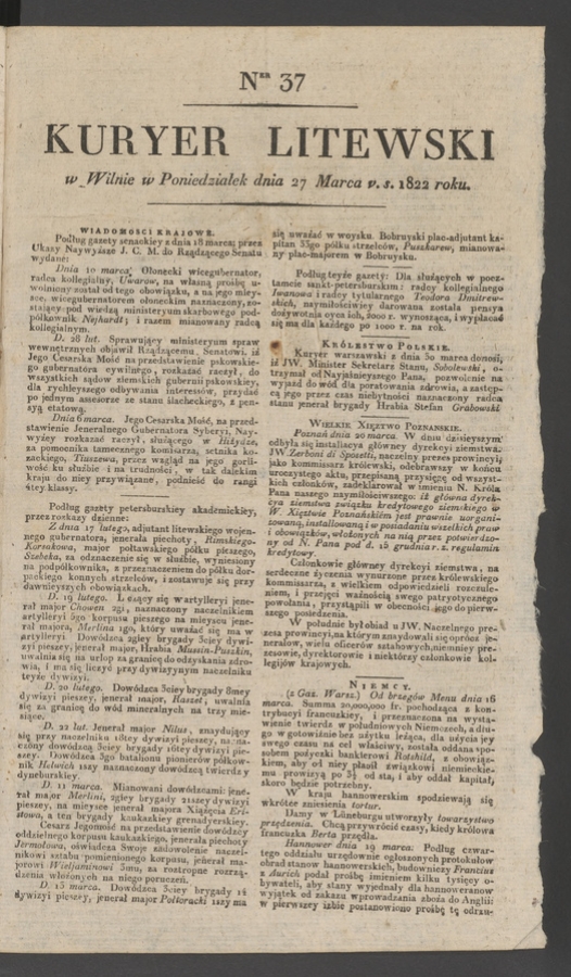 Kuryer Litewski. 1822, numer&nbsp;37