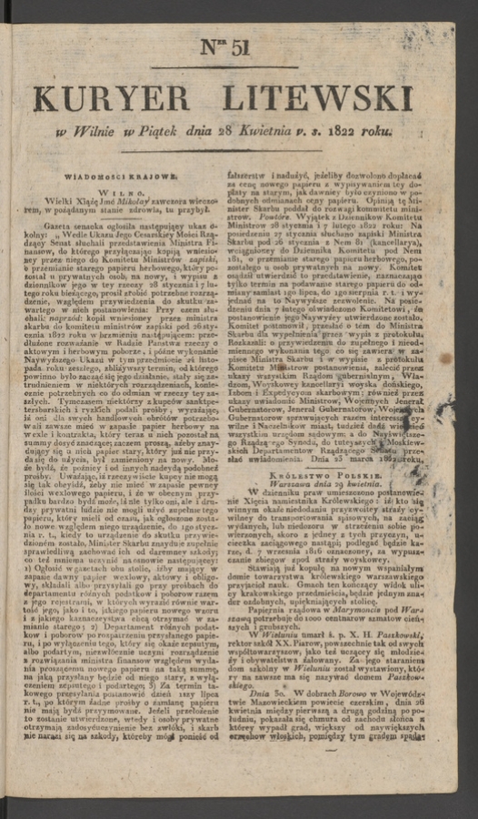 Kuryer Litewski. 1822, numer 51
