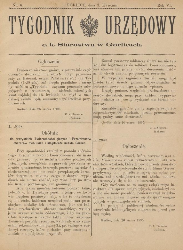 Tygodnik Urzędowy c.&nbsp;k. Starostwa w&nbsp;Gorlicach. Rok&nbsp;6, 1895, numer&nbsp;6