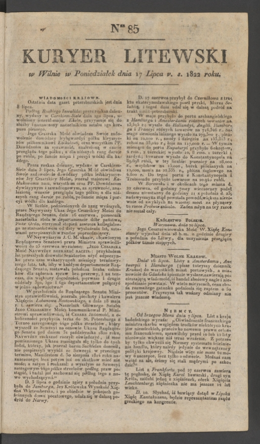 Kuryer Litewski. 1822, numer&nbsp;85
