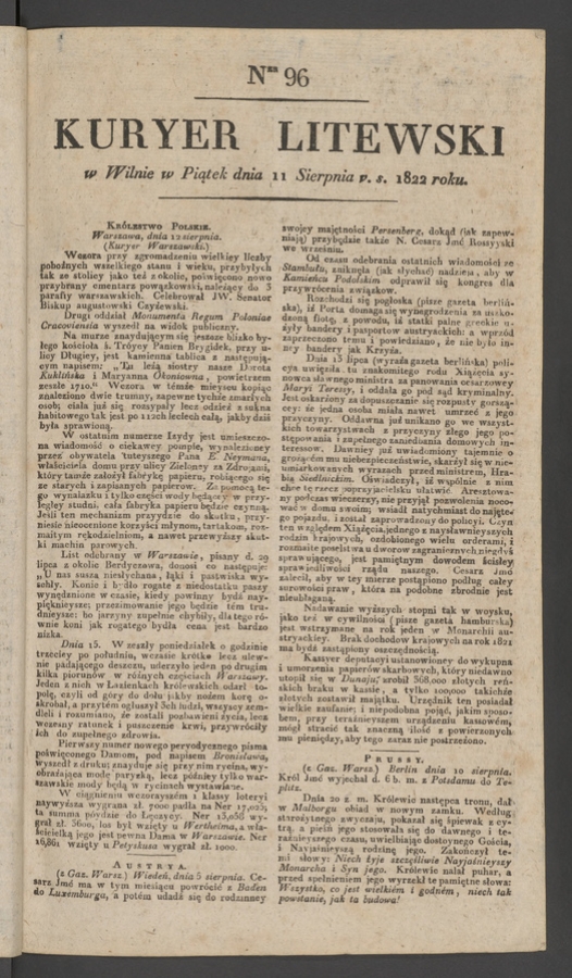 Kuryer Litewski. 1822, numer&nbsp;96