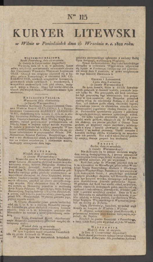 Kuryer Litewski. 1822, numer&nbsp;115