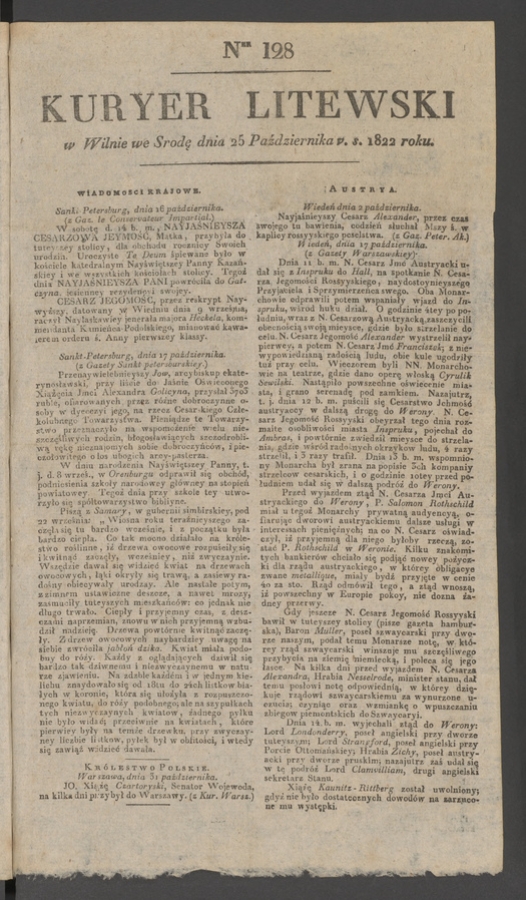Kuryer Litewski. 1822, numer&nbsp;128