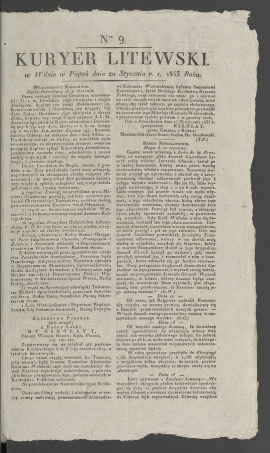 Kuryer Litewski. 1833, numer&nbsp;9