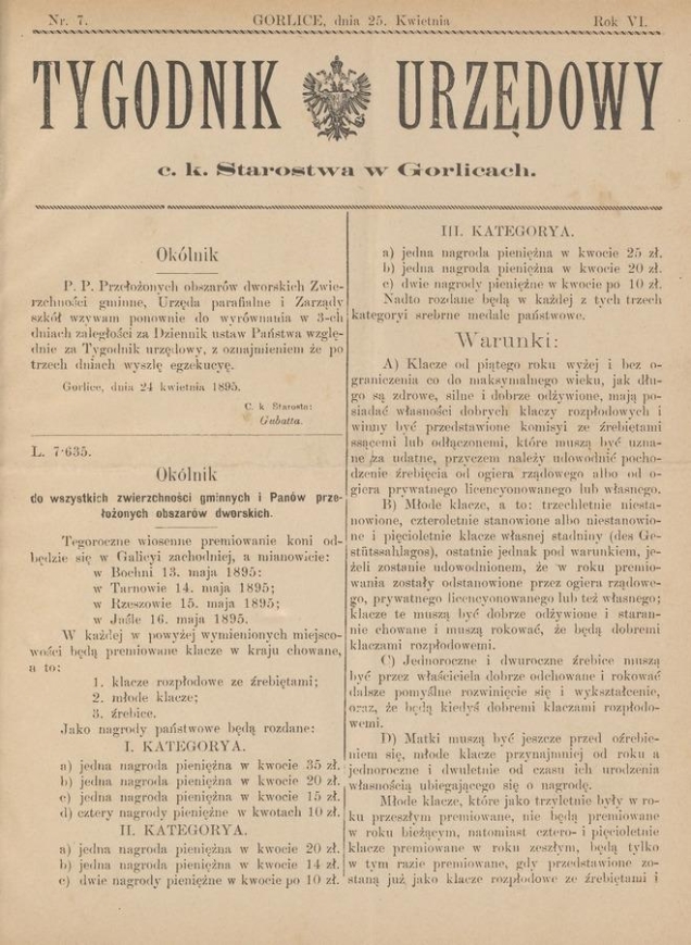 Tygodnik Urzędowy c.&nbsp;k. Starostwa w&nbsp;Gorlicach. Rok&nbsp;6, 1895, numer&nbsp;7