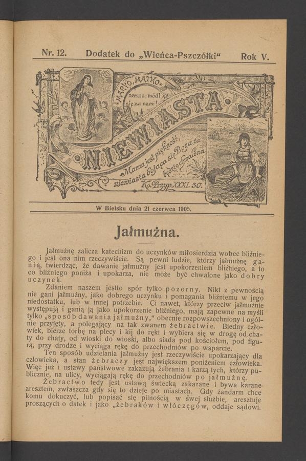 Niewiasta : dodatek do&nbsp;&bdquo;Wieńca-Pszcz&oacute;łki&rdquo;. Rok&nbsp;5, 1905, numer&nbsp;12