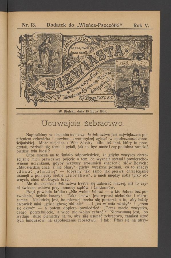 Niewiasta : dodatek do&nbsp;&bdquo;Wieńca-Pszcz&oacute;łki&rdquo;. Rok&nbsp;5, 1905, numer&nbsp;13