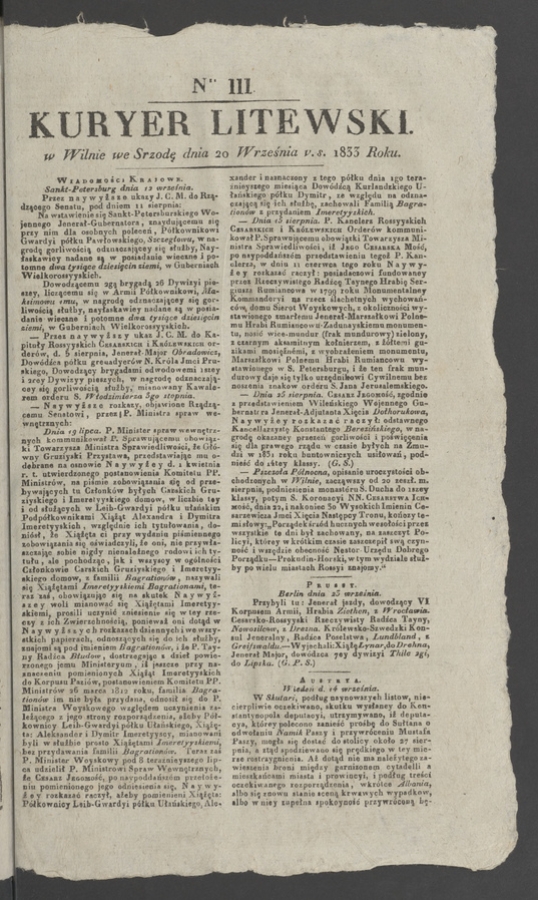 Kuryer Litewski. 1833, numer 111